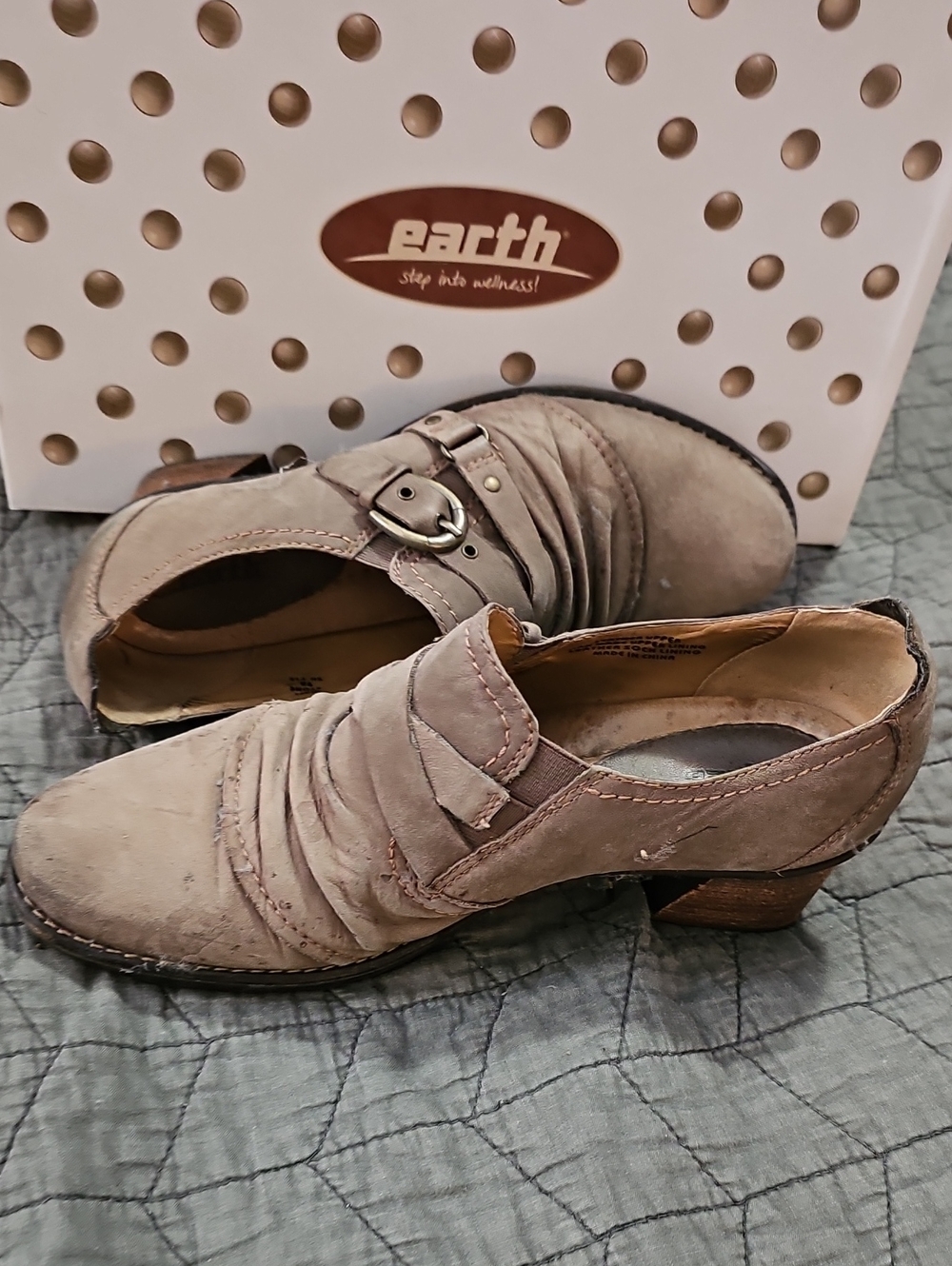 Earth Taupe Suede Buckle Low-Heel Slip-On Shoes